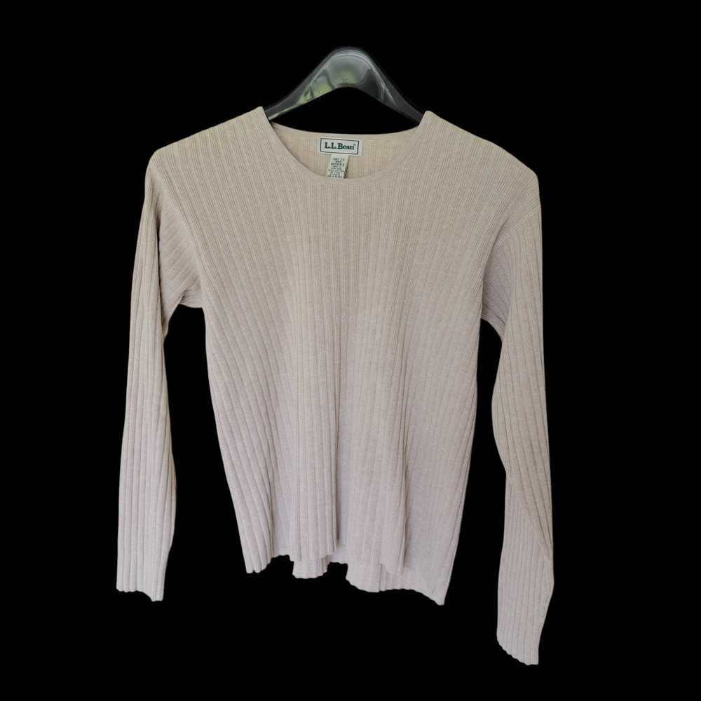 LL Bean Medium Oatmeal Beige Ribbed Knit Cotton Long Sleeve Sweater Top